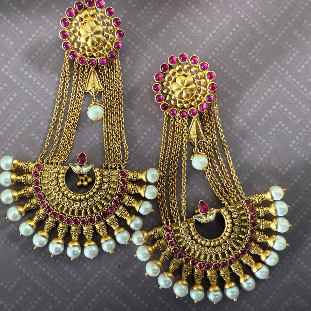 Elegant Gold and Pink Chandbali Earrings with Pearl Details